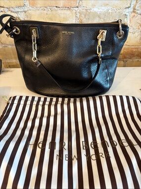 henri bendel Black Pebbled Leather Shoulder Bag with Gold Hardware